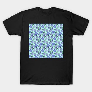 Blue Pansy florals with wavy pattern on pale aqua background T-Shirt